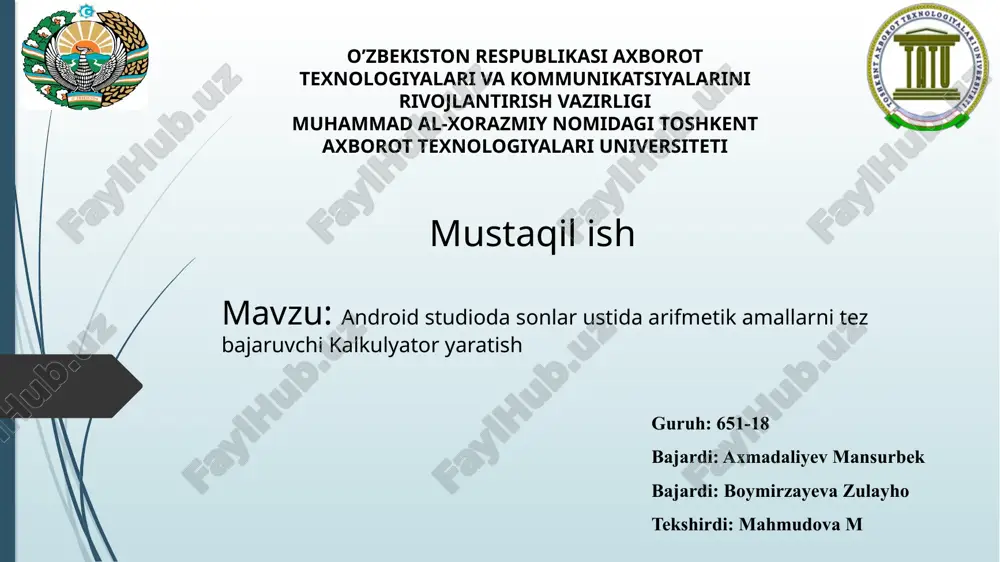 android studio dasturlar ustida arifmetika amallarni tez bajaruvchi kalkulyator yaratish — PPTX