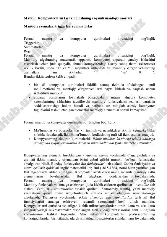 kompyuterlarni tashkil qilishning raqamli mantiqiy asoslari — DOCX
