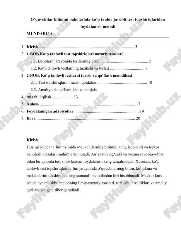 o’quvchilar bilimini baholashda ko’p tanlov javobli test topshiriqlaridan foydalanish metodi — DOCX