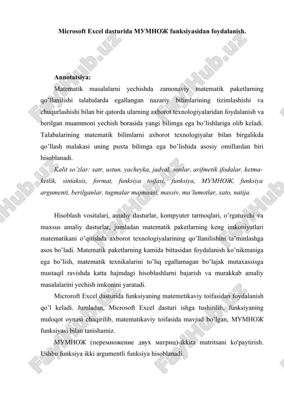 microsoft excel dasturida mumnoj funksiyasidan foydalanish — DOCX