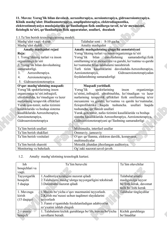 yorug’lik bilan davolash, aerozolterapiya, aeroionterapiya, gidroaeroionterapiya — DOCX
