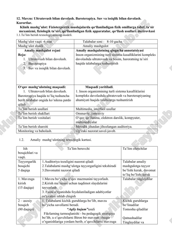 ultratovush bilan davolash. baroterapiya. suv va issiqlik bilan davolash — DOCX