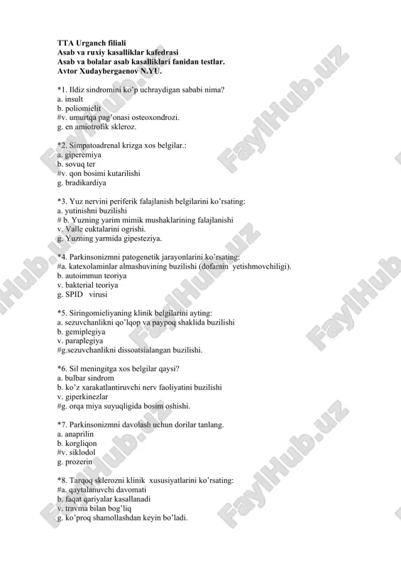 asab va bolalar asab kasalliklari fanidan testlar — DOCX