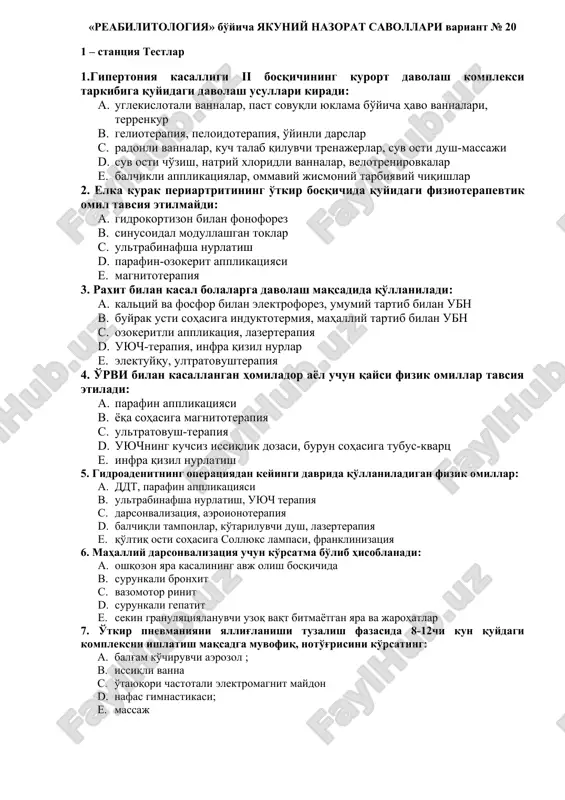 reabilitologiya bo'yicha yakuniy nazorat savollari variant № 20 — DOCX