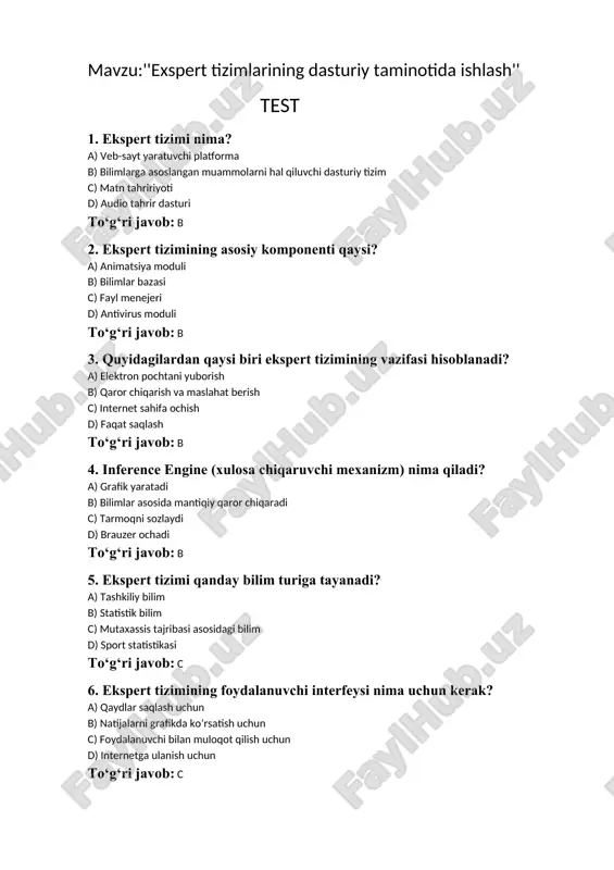 exspert tizimlarining dasturiy taminotida ishlash test javoblari bilan — DOCX