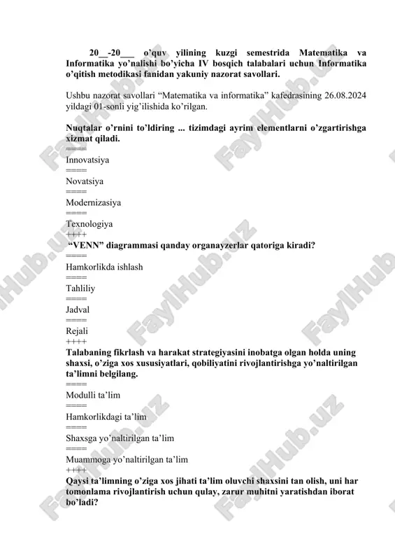 informatika o’qitish metodikasi fanidan yakuniy nazorat savollari javoblari bilan — DOCX