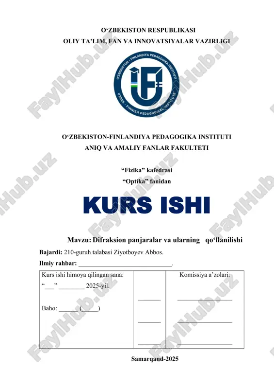 optika fani difraksion panjaralar va ularning qo‘llanilishi — DOCX