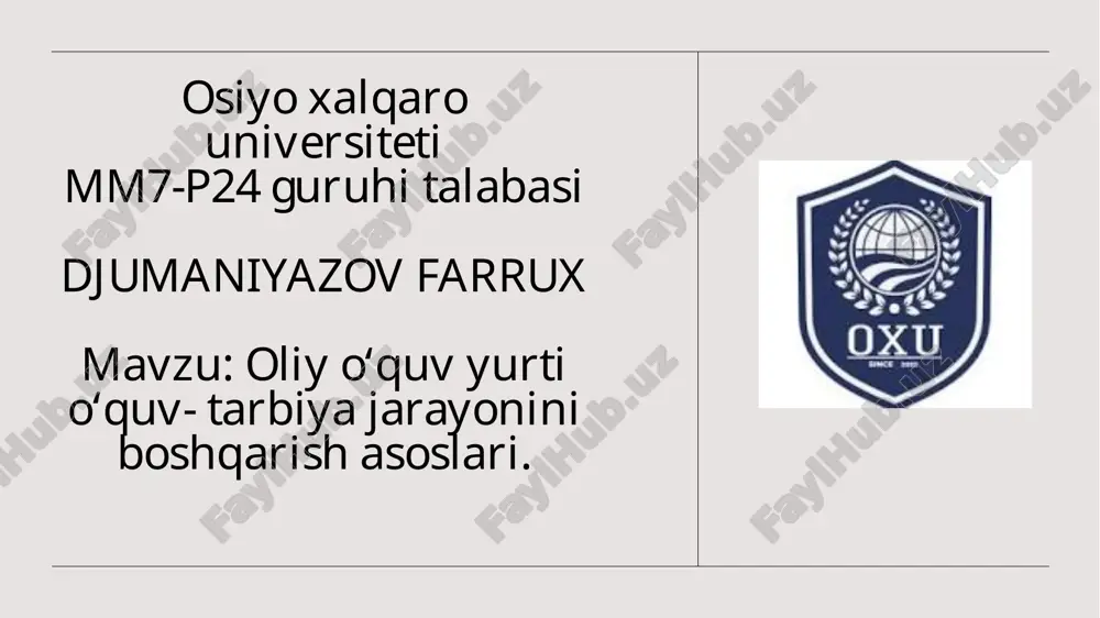 oliy oʻquv yurti ta'lim va tarbiya jarayonlarini boshqarish asoslari — PPTX
