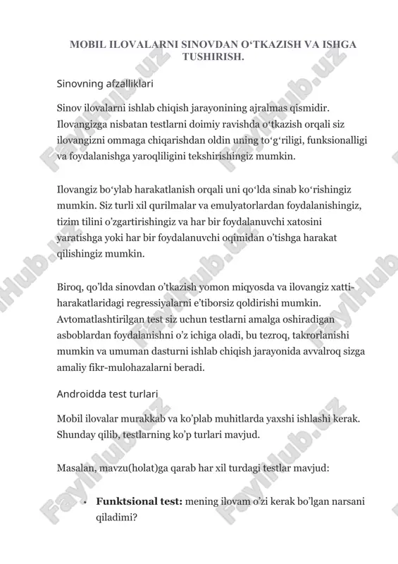 mobil ilovalarni sinovdan o‘tkazish va ishga tushirish — DOCX