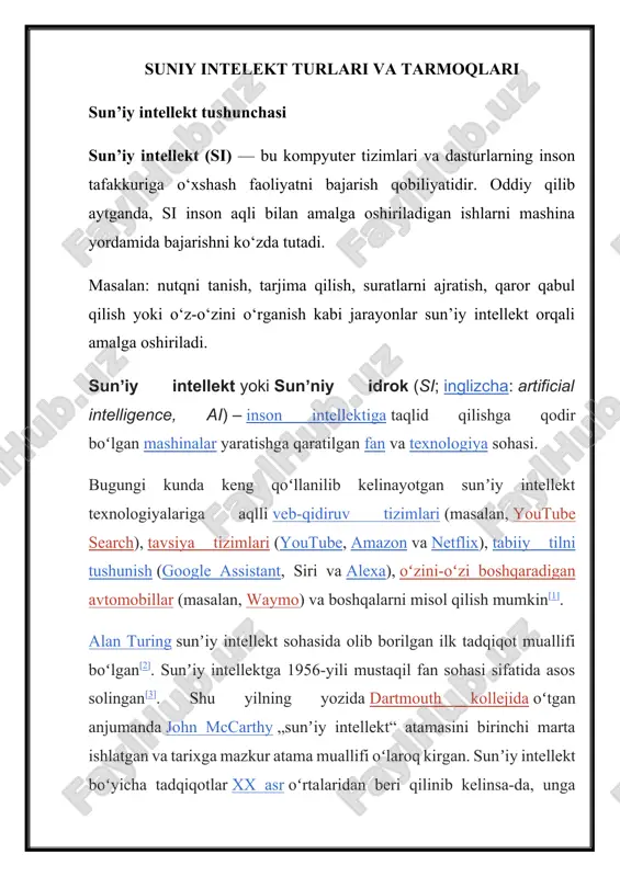 suniy intellekt turlari va tarmoqlari — DOCX