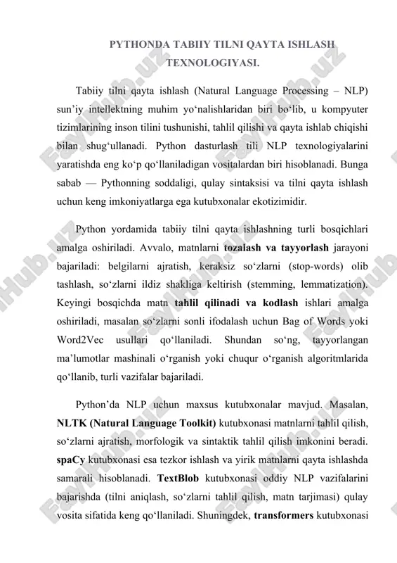 python dasturlash tili yordamida tabiiy tilni qayta ishlash texnologiyasi — DOCX
