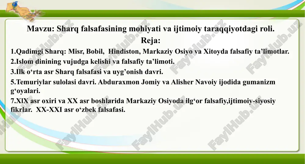 sharq falsafasining mohiyati va ijtimoiy taraqqiyotdagi roli — PPTX
