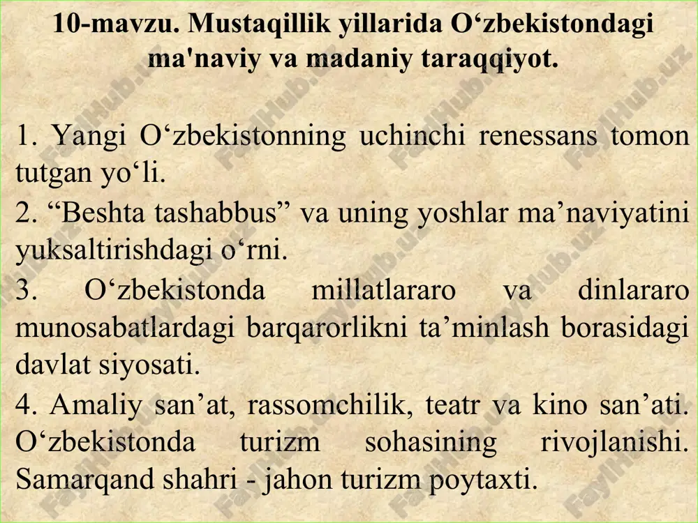 o'zbekistonning mustaqillik yillarida ma'naviy va madaniy taraqqiyot — PPT