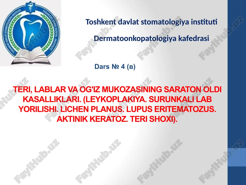 teri, lablar va og'iz mukoza sinidagi sartan oldikasalliklari — PPTX