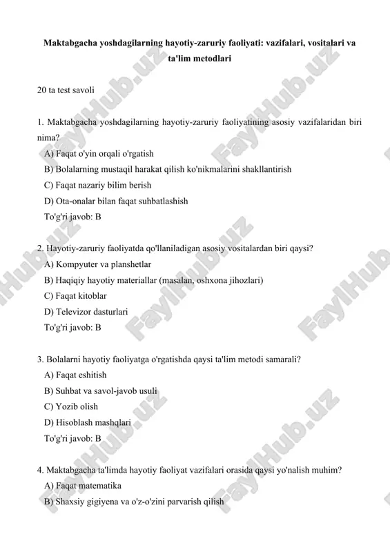 maktabgacha yoshdagilarning hayotiy test — DOCX