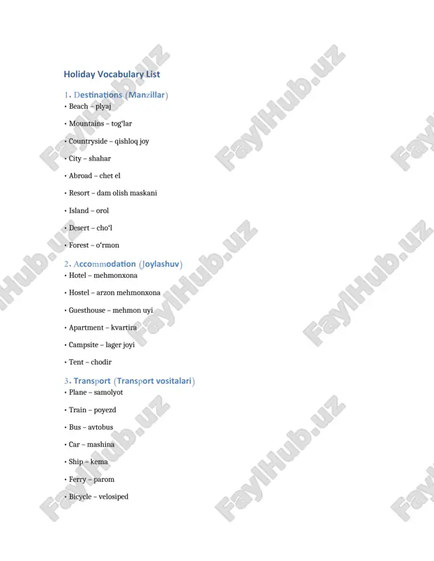 vocabulary for topic holiday — DOCX