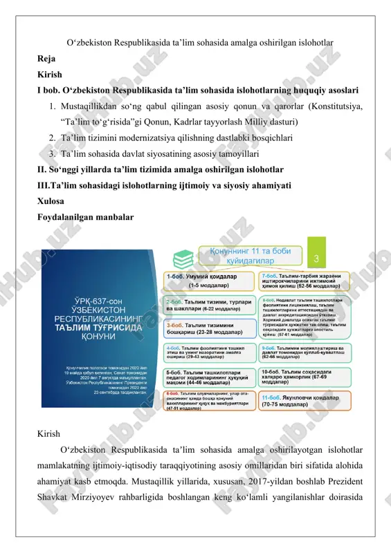 oʻzbekiston respublikasida ta’lim sohasida amalga oshirilgan islohotlar — DOCX