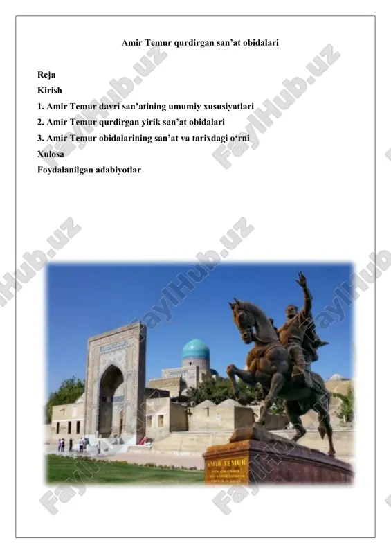 amir temur davri san’atining umumiy xususiyatlari — DOCX