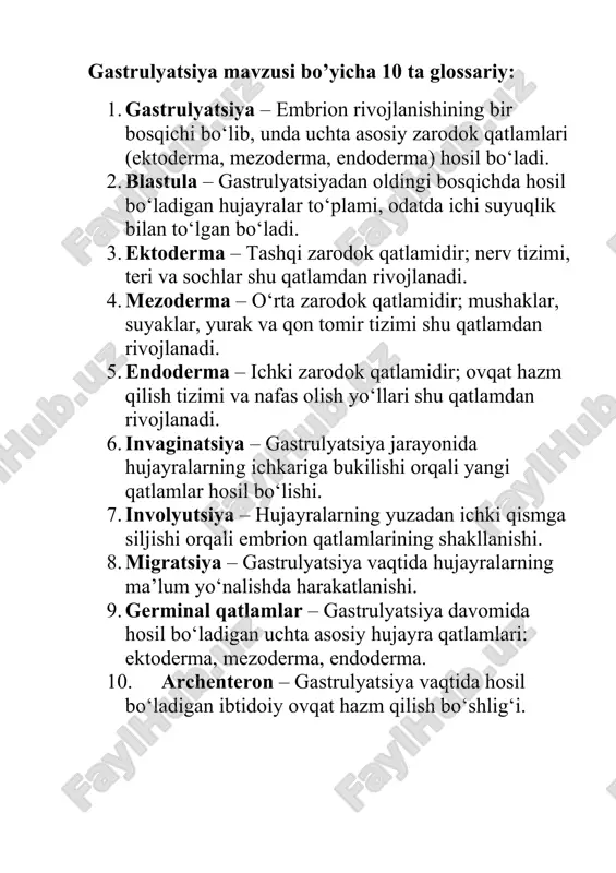 gastrulyatsiya mavzusi bo’yicha 10 ta glossariy — DOCX