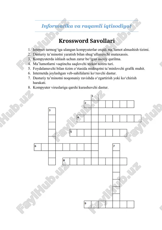 informatika va raqamli iqtisodiyot krossword — DOCX