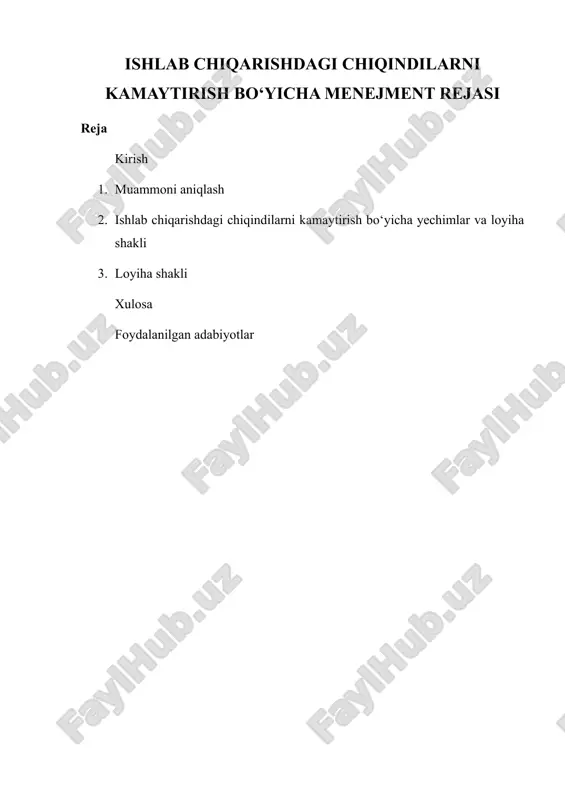ishlab chiqarishdagi chiqindilarni kamaytirish bo‘yicha menejment rejasi — DOCX
