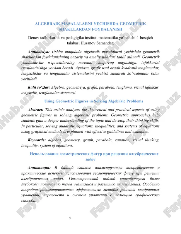 algebraik masalalarni yechishda geometrik shakllardan foydalansh — DOCX