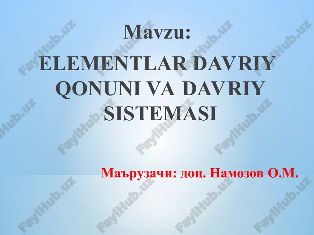 elementlar davriy qonuni va davriy sistemasi — PPT