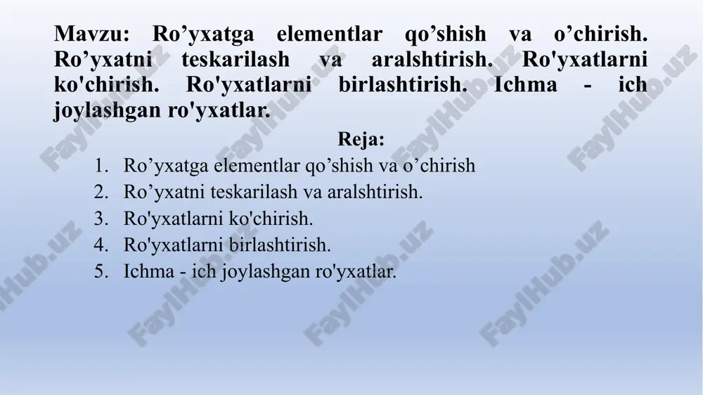 ro’yxatga elementlar qo’shish va o’chirish — PPTX