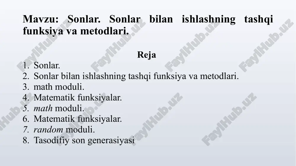 sonlar. sonlar bilan ishlashning tashqi funksiya va metodlari — PPTX