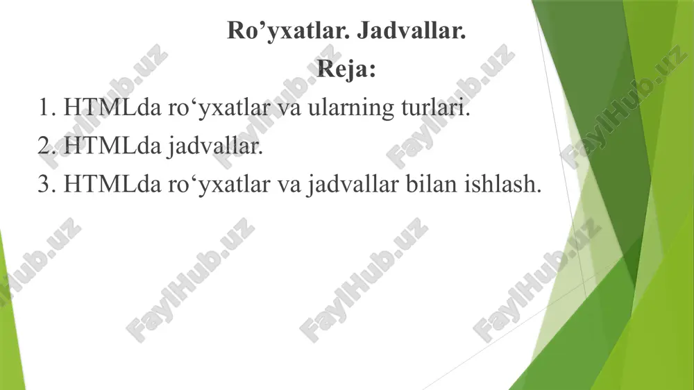 html ro‘yxatlar va jadvallar uchun qo‘llanma — PPTX