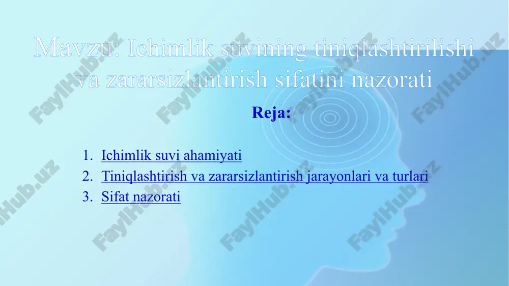 ichimlik suvining tiniqlashtirilishi va zararsizlantirish sifatini nazorati60000 — PPTX