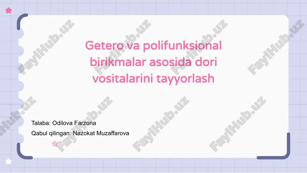 getero va polifunksional birikmalar asosida dori vositalarini tayyorlash — PPTX