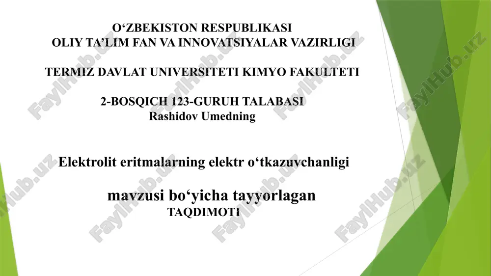 elektroliterlarning elektro‘tkazuvchanligi mavzusidagi taqdimot — PPTX