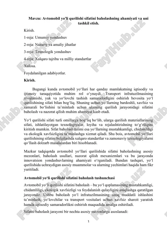 avtomobil yo'li qurilishi sifatini baholash — DOCX