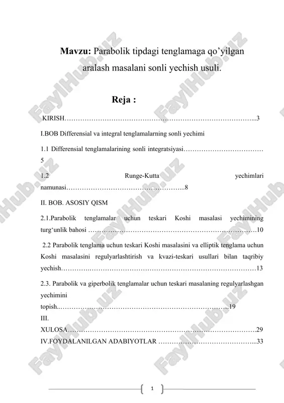 parabolik tipdagi tenglamaga qo’yilgan aralash masalani sonli yechish usuli — DOCX