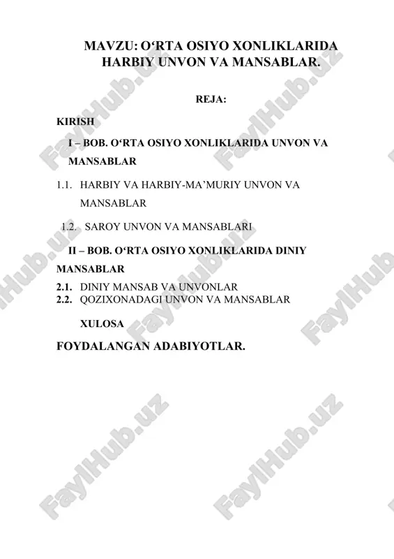oʻrta osiyo xonliklarida harbiy unvon va mansablar — DOCX