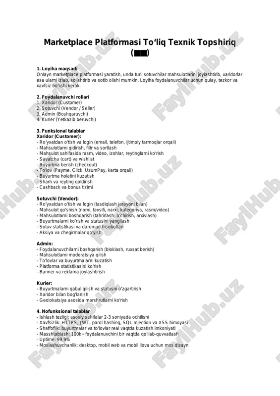marketplace platformasi to‘liq texnik topshiriq — PDF