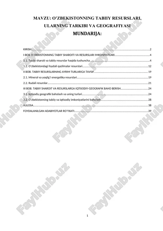 o’zbekistonning tabiiy resurslari, ularning tarkibi va geografiyasi — DOCX