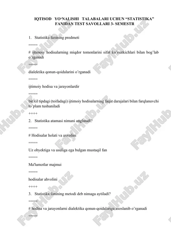 statistika fanidagi test savollari — DOCX