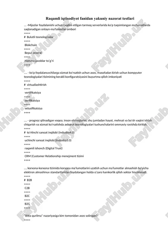 raqamli iqtisodiyot fanidan yakuniy nazorat testlari — DOCX