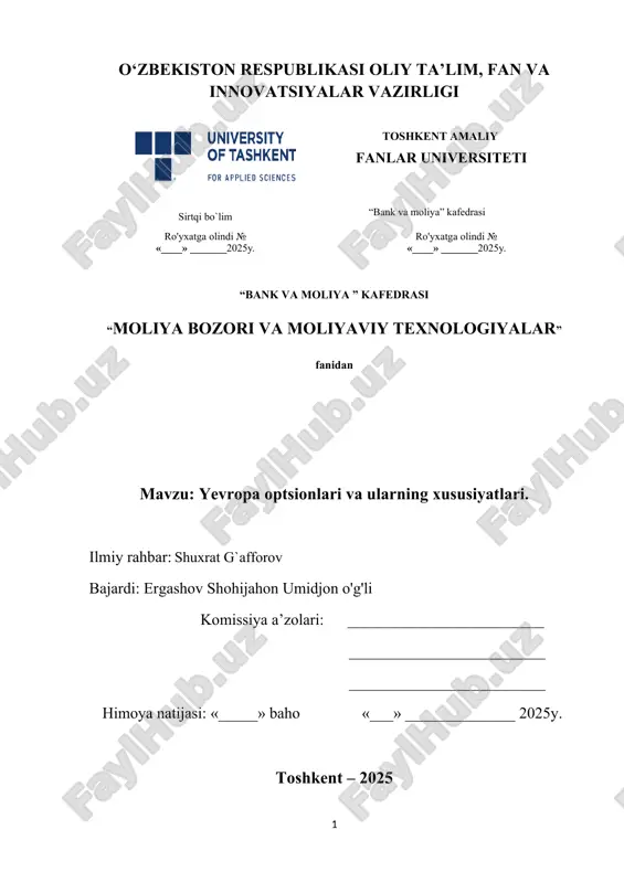 yevropa optsionlari va ularning xususiyatlari — DOCX