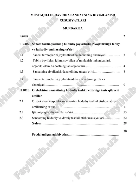 mustaqillik davrida sanoatning rivojlanish xususiyatlari — DOC