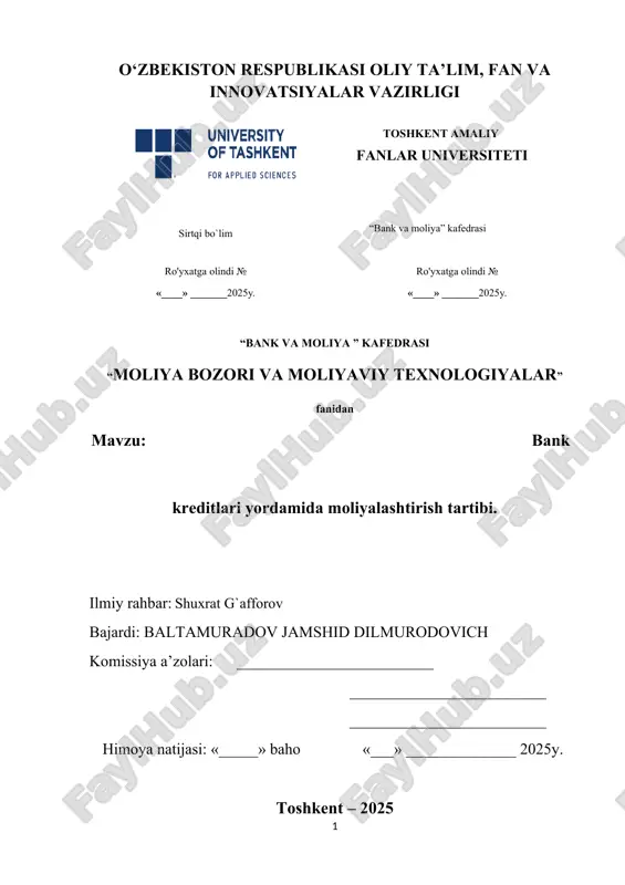 bank kreditlari yordamida moliyalashtirish tartibi — DOCX