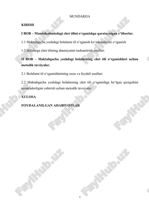 maktabgacha va boshlang'ich ta'lim olamida chet tilini o'rganish metodikasi — DOCX