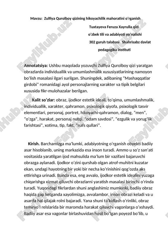 zulfiya qurolboy qizining hikoyachilik mahoratini o‘rganish — DOCX