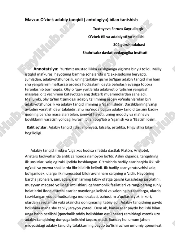 oʻzbek adabiy tanqidi (antologiya) bilan tanishish — DOCX