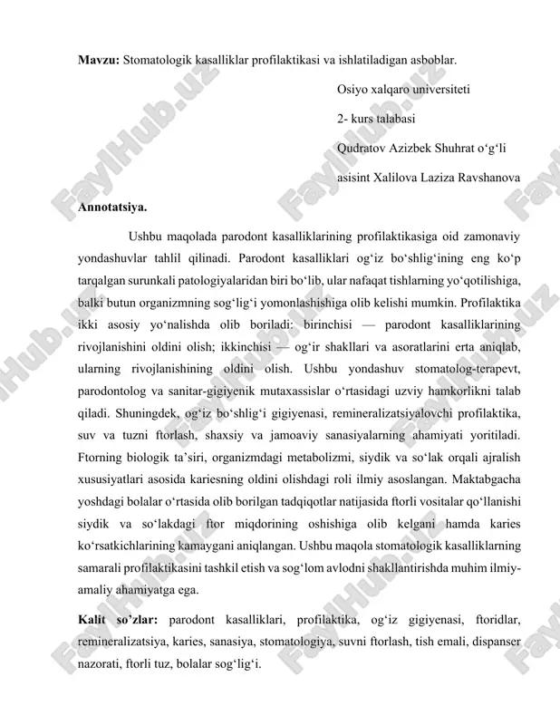 stomatologik kasalliklar profilaktikasi va ishlatiladigan asboblar — DOCX