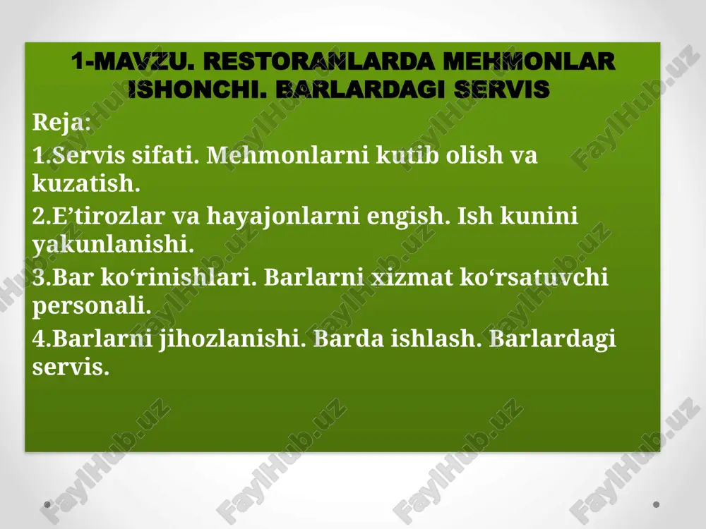 restoranlarda mehmonlar ishonchi. barlardagi servis — PPTX