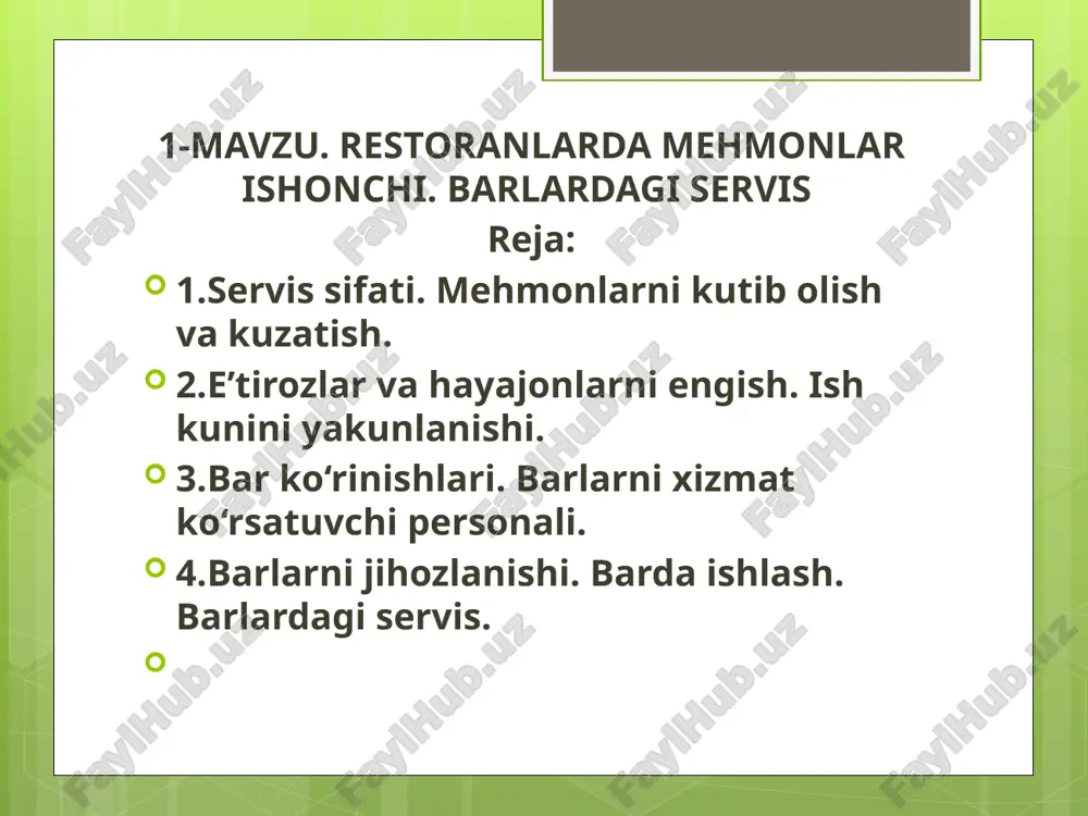 restoranlarda mehmonlar ishonchi. barlardagi servis — PPTX