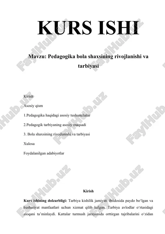 pedagogika bola shaxsining rivojlanishi va tarbiyasi — DOCX